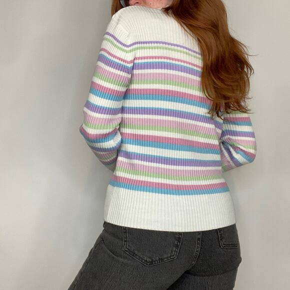 Vintage Company Collection Medium Ivory & Lilac Pastel Stripe Mockneck Sweater - Picture 8 of 11